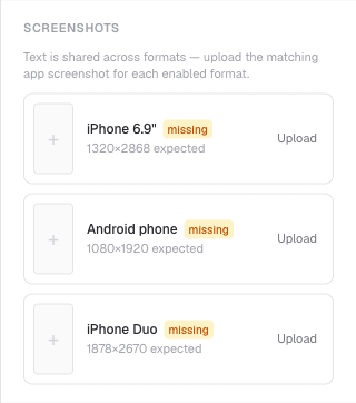The Screenshots section of the Content tab listing iPhone 6.9 inch, Android phone and iPhone Duo upload slots, with iPhone Duo expecting 1878 by 2670.